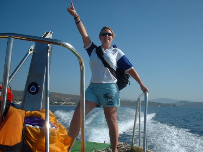 Melanie May on a boat in Turkey